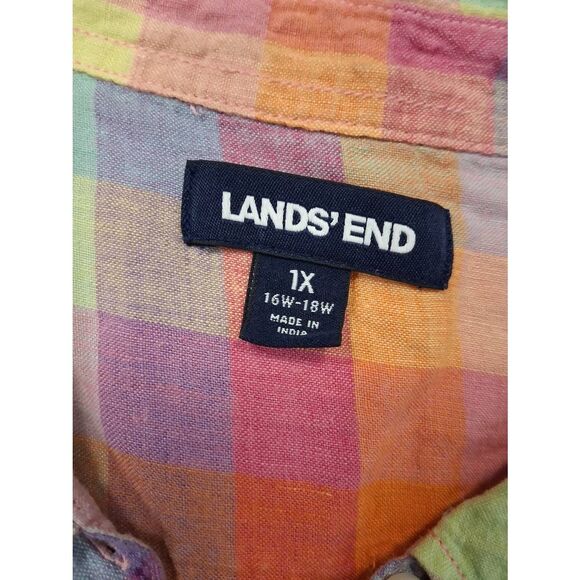 Lands end womens 1xl tab sleeve 100% linen shirt blouse plaid pink yellow - Picture 6 of 10